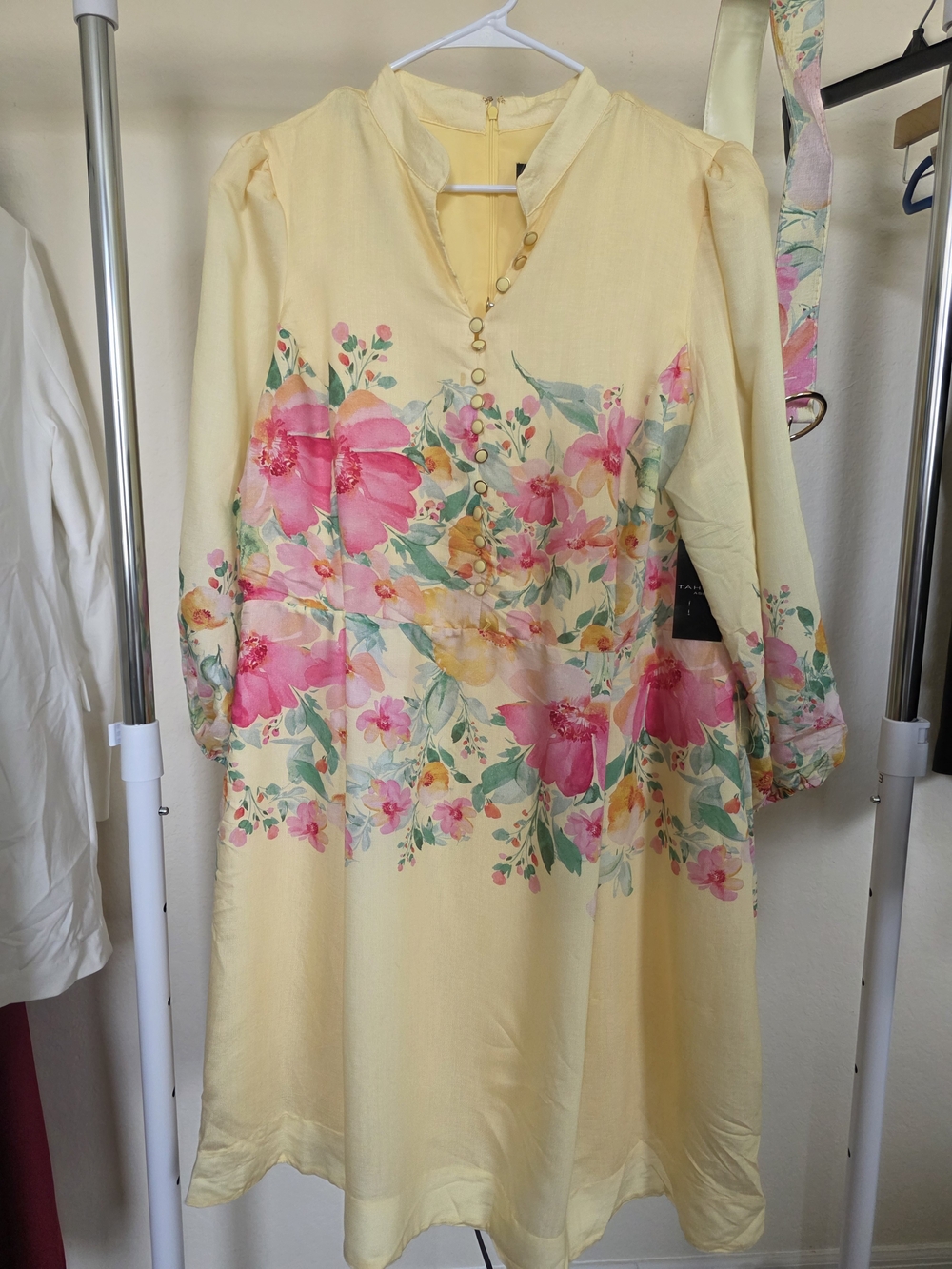 Tahari ASL Lemon Floral Belted Dress Pink Blooms Placed (Snag) 16W Long Sleeve - Picture 3 of 12